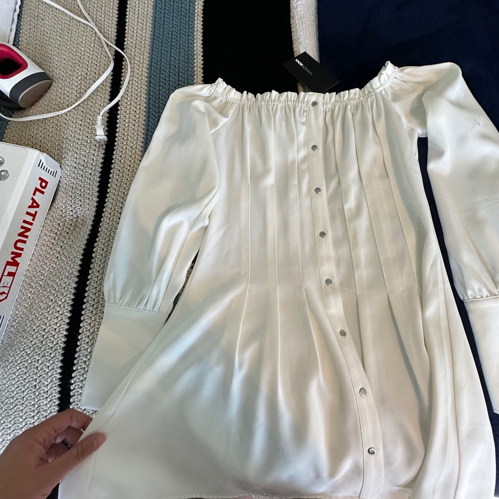 Fashion Nova White Off Shoulder Long Sleeve Button Down Mini Dress